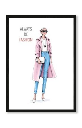 Hand drawn beautiful young woman wearing coat and jeans. Stylish girl in sunglasses holding white bag. Fashion woman look. Sketch. Fashion illustration.