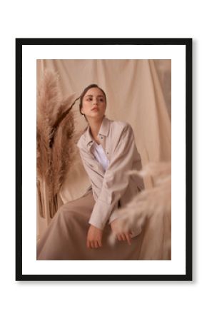 Fall fashion portrait. Brunette girl with pony tail and natural makeup. Elegant woman posing between ears of rye at textile background. Stylish female model in brown skirt anf beige jacket