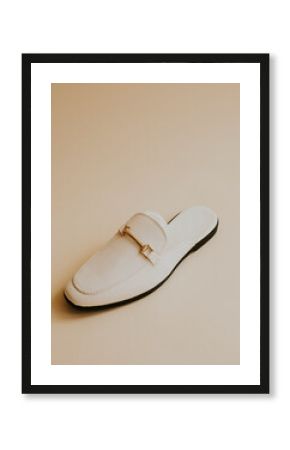 White lather loafer mules shoes on beige