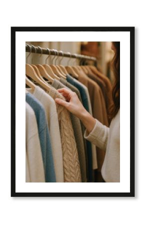 hand gently touches soft sweater in collection of ethical slow fashion garments