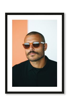 Portrait of stylish man wearing sunglasses and black shirt on colorful background