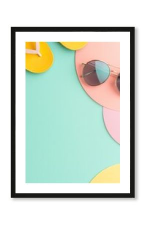 Pastel Summer Beach Flatlay with Yellow Flip Flops and Sunglasses