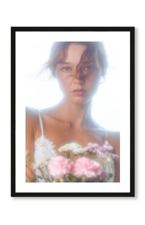 Romantic Portrait Of Woman Holding Flowers In Soft Dreamy Light