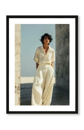 A woman in a cream-colored linen shirt and wide-leg pants outdoors.