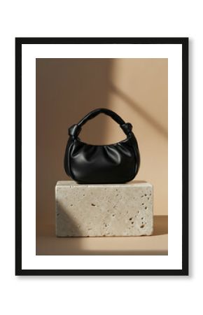 Mockup of black leather handbag on stone pedestal for fashion industry 