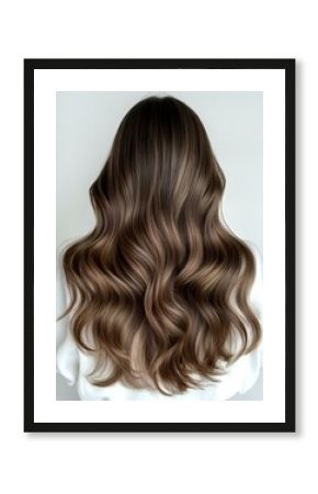 Long wavy brown hair with balayage highlights shown from behind on woman wearing white sweater against light background, demonstrating modern hair coloring technique.