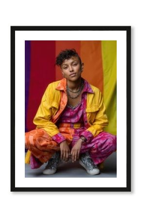 Fashion-forward young woman with edgy hairstyle and colorful urban outfit against rainbow backdrop