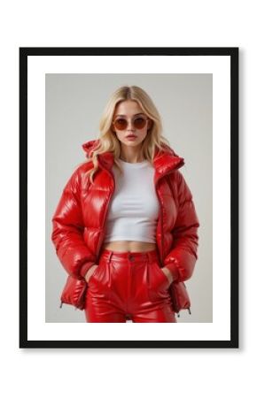 High fashion photo of a young blond woman in red glossy down jacket, pants, white top and sunglasses. 32k resolution