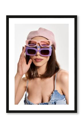 Stylish woman showcasing vibrant fashion accessories and playful sunglasses at a trendy studio