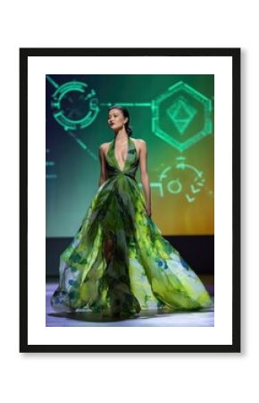 Futuristic green fashion on digital runway stage 