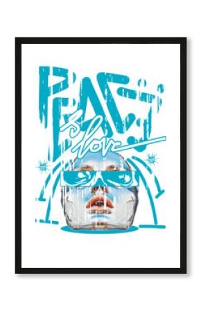  Bold streetwear design featuring the word "peace and love" in large, futuristic blue typography, surrounded by star accents and abstract linework