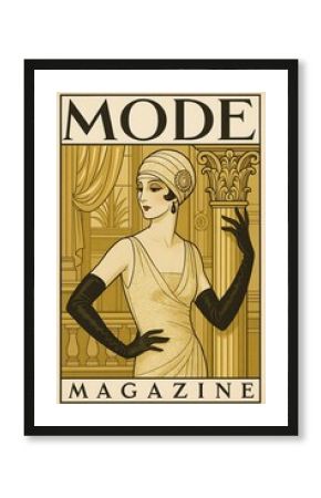 Vintage fashion illustration featuring a glamorous woman in elegant attire with gloves