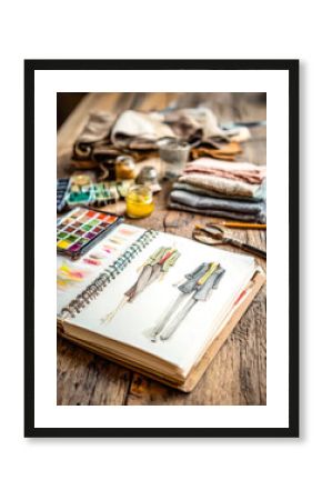 Creative fashion design workspace with sketchbook, watercolor paints, fabric swatches, and sewing tools on rustic wooden table