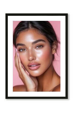 Stunning Latina woman with radiant skin and soft makeup gently touches her cheek in this close-up portrait against a pink background. Perfect for skincare ads, beauty photography, with generative ai