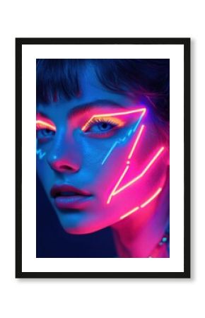 Futuristic Y3K portrait woman with vibrant neon make up for avantgarde fashion and high-tech beauty concepts