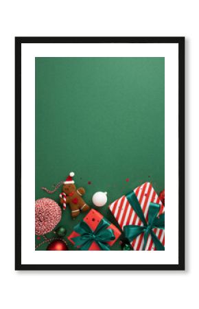 Colorful vertical Christmas presents and decorations on green background, featuring gingerbread man, festive ribbons, and ornaments to celebrate the holiday season