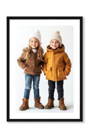 A boy and girl wearing warm coats, jeans, and boots, with knitted hats. They stand happily, exuding warmth, friendship, and winter fashion charm.