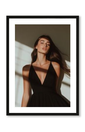 Attractive young woman posing in sunlight wearing black dress