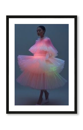 Fashion model showcasing futuristic fashion design, avant-garde couture in artistic photo shoot 