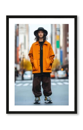 Stylish young male model flaunting modern streetwear fashion on city streets, with a blurred urban backdrop, emphasizing the latest clothing and accessory trends