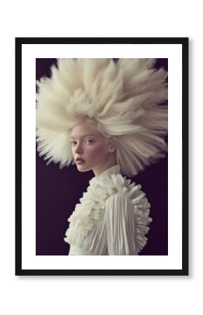 Striking Portrait of Fashion Model in Dramatic Feathered Headdress on Dark Background