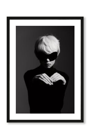 Stylish young woman with short white hair wearing oversized sunglasses, posing dramatically with hands together. Elegant fashion concept against a dark background.