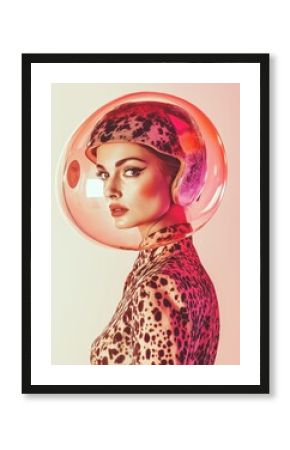 Striking portrait of a woman in a transparent red helmet, wearing a bold leopard-print outfit, exuding elegance and futuristic fashion in vibrant tones.