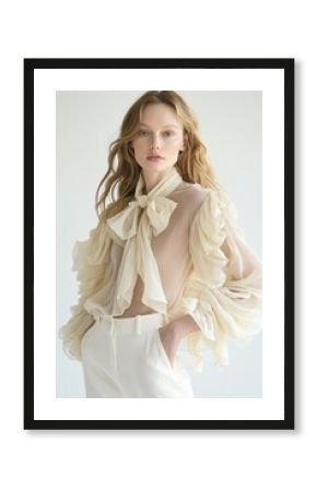 Portrait of a stylish woman wearing a sheer blouse with ruffled sleeves and bow tie, exuding elegance and fashion.