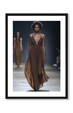 A runway model showcasing a flowing mocha mousse maxi dress with subtle draping, walking on a minimalist runway