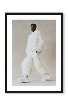 A person in avant-garde white attire, with textured fur details, strides confidently against a neutral backdrop, embodying modern fashion and elegance.