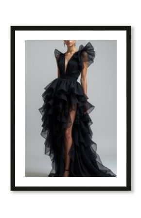 Model in dramatic black ruffled evening dress