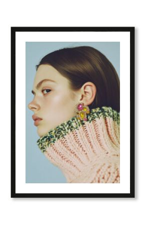 model showcases stylish oversized sweater with high collar, adorned with colorful statement earrings. soft pastel background enhances fashion forward look