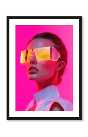 Fashion photography, a portrait of a beautiful woman wearing futuristic neon glasses, set against a pink background