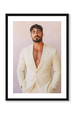 Handsome Middle Eastern man in pastel beige suit