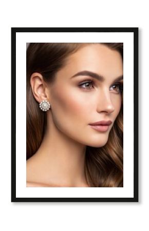 Elegant woman with brown hair wearing pearl diamond earrings girl face eyes skin shot model style