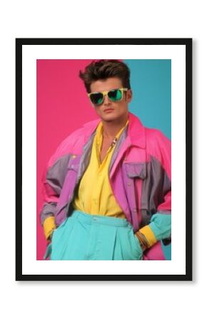 Stylish man wearing 80s and 90s fashion posing on