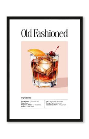 Old fashioned cocktail with large ice cubes, orange peel and cherry garnish in rocks glass. Watercolor illustration of whiskey drink with bitters and sugar. Design for poster, print, invitation
