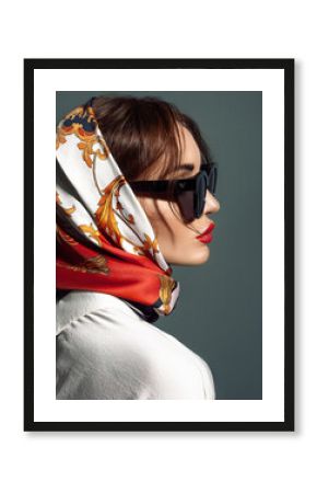 glamorous woman in black sunglasses with red lips and head scarf