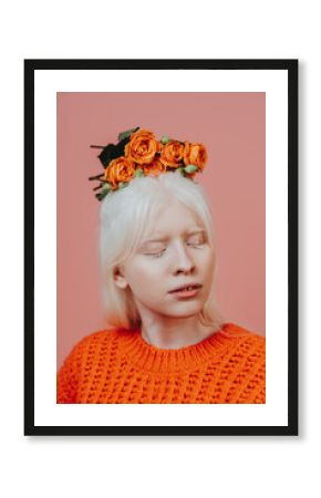 Lifestyle image of an albino girl posing in studio. Concept about body positivity, diversity, and fashion