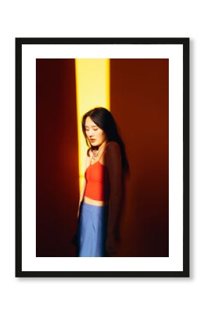 Portrait of sunlight beam on fashion female face