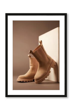 Trendy boots with wooden wall. fashion female shoes still life