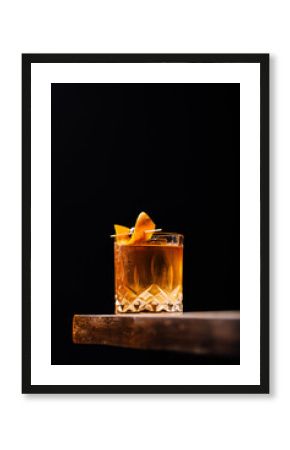 old fashioned cocktail classic bourbon whiskey and bitters, orange peel and cherry as garnish
