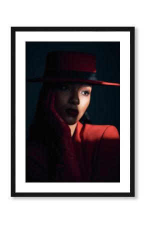 Beauty, art and fashion of aesthetic woman in studio with dark shadow, makeup and cosmetics for retro or vintage show girl background. Face of 90s female model with hat and classic style on black