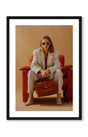 Fashionable confident woman wearing elegant white suit, sunglasses, ankle boots, holding classic brown leather bag, sitting in armchair, posing on beige background. Full-length studio fashion portrait