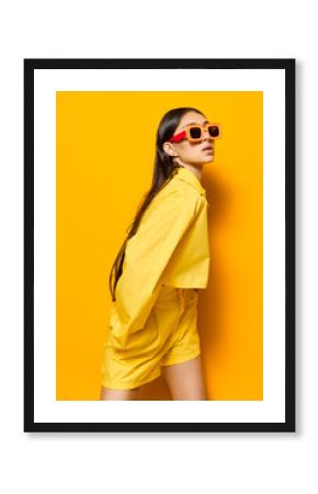 woman sunglasses young attractive yellow fashion fun girl trendy beautiful lifestyle