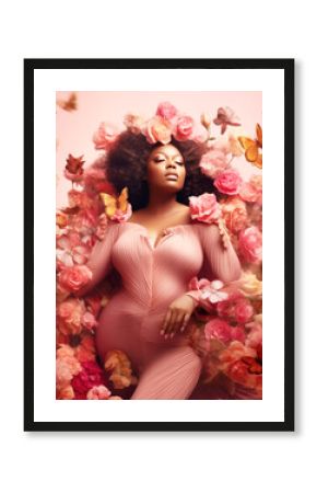 Haute couture fashion curvy Black woman surrounded by flowers studio. Generative AI