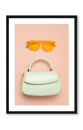 Flat lay with woman fashion accessories, bag and sunglasses. Fashion blog, online store application, summer urban style, shopping and trends concept