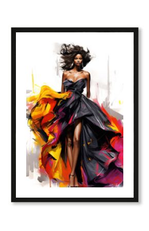 Beautiful fashionable young black woman in evening gown, fashion sketch illustration style