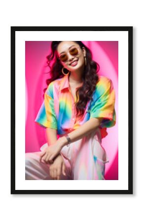 Gen-z beautiful asian fashionable female, wearing neon stylish clothes, happy, smiling, retro style in the style of Vaporwave fashion