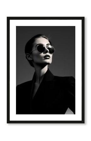 Sexy elegant black and white portrait of young beautiful woman in black deep v neck jacket and dark sunglasses